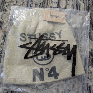 Stussy Beige Knit Beanie with Black Logo Print